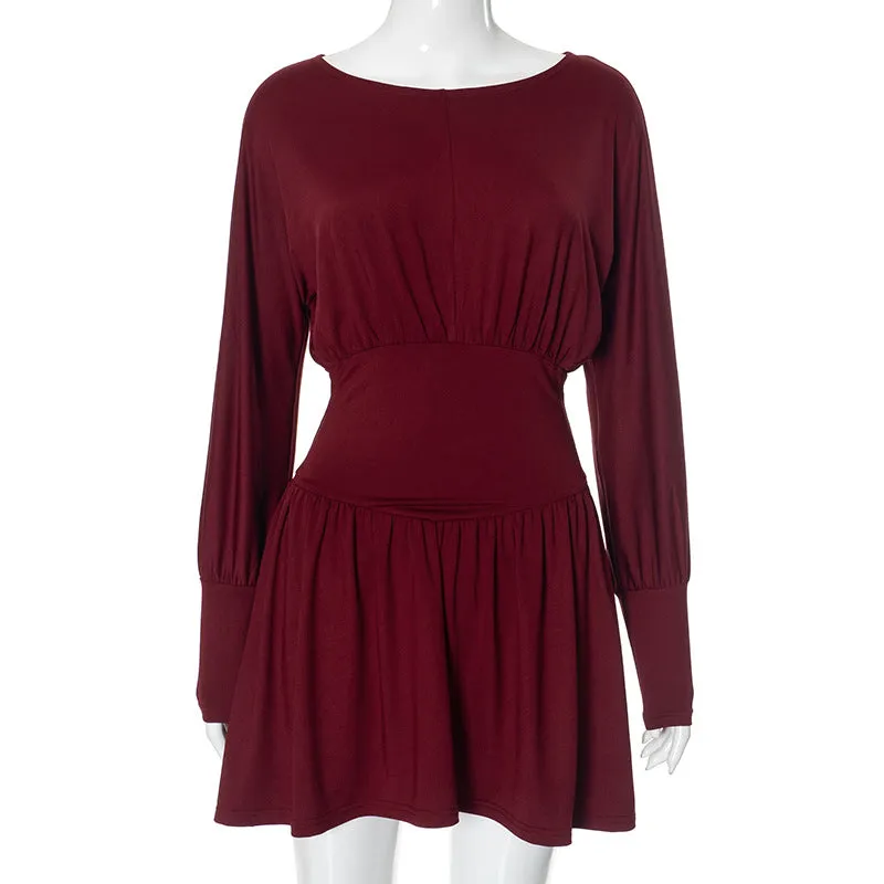 REALAIOT F24DS250 2025 women's clothing solid color retro temperament long sleeve waist pleated short skirt New wholesale
