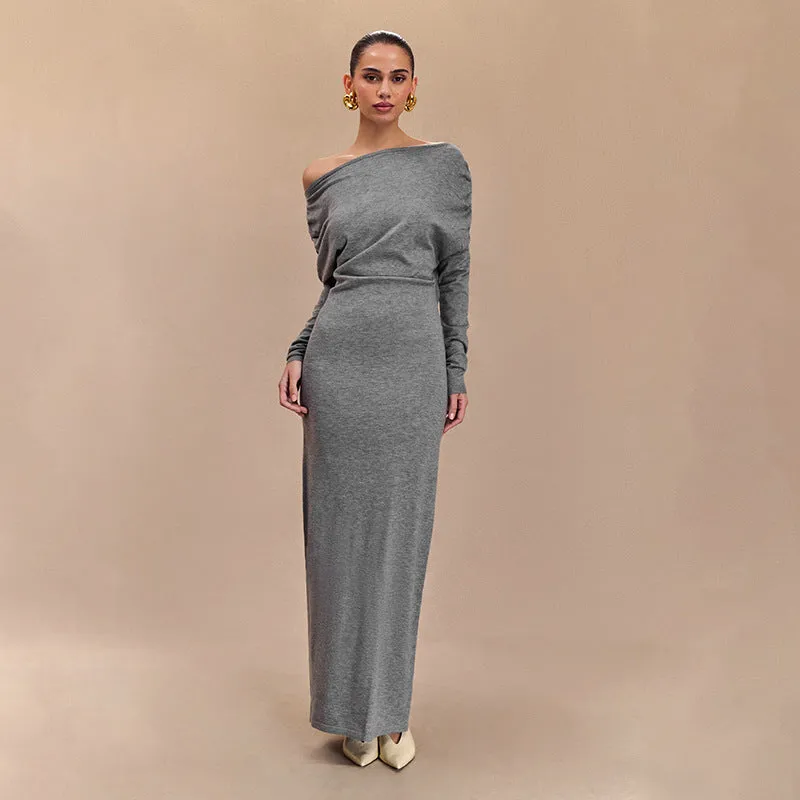 REALAIOT F24DS265 2025 women's clothing solid color diagonal collar shoulder long sleeve waist temperament long dress New wholesale