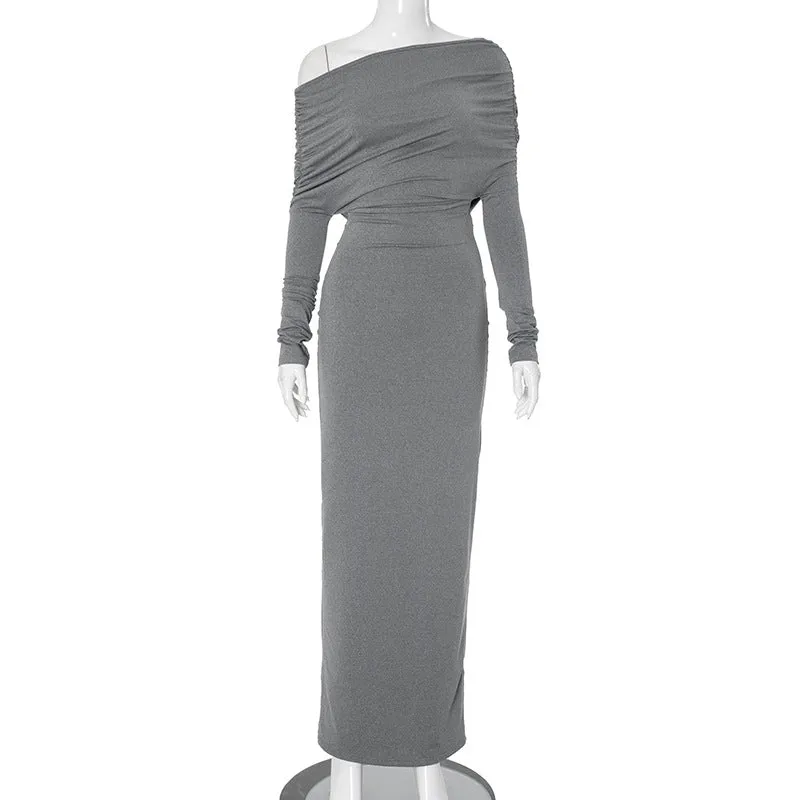 REALAIOT F24DS265 2025 women's clothing solid color diagonal collar shoulder long sleeve waist temperament long dress New wholesale