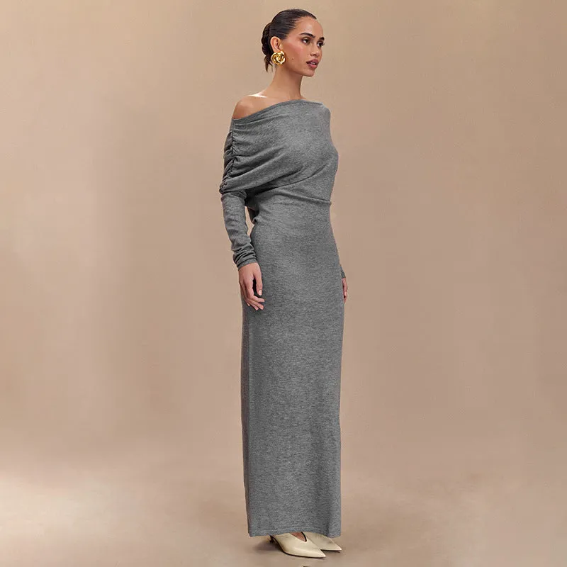 REALAIOT F24DS265 2025 women's clothing solid color diagonal collar shoulder long sleeve waist temperament long dress New wholesale