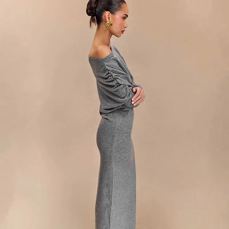 REALAIOT F24DS265 2025 women's clothing solid color diagonal collar shoulder long sleeve waist temperament long dress New wholesale
