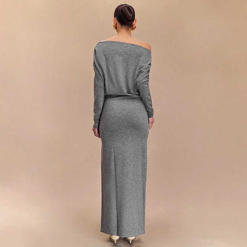 REALAIOT F24DS265 2025 women's clothing solid color diagonal collar shoulder long sleeve waist temperament long dress New wholesale