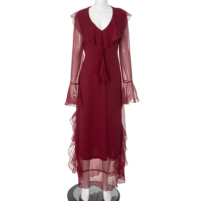 REALAIOT H24DS228 2025 women's clothing ruffle leaf edge V-neck long sleeve elegant temperament long dress New wholesale