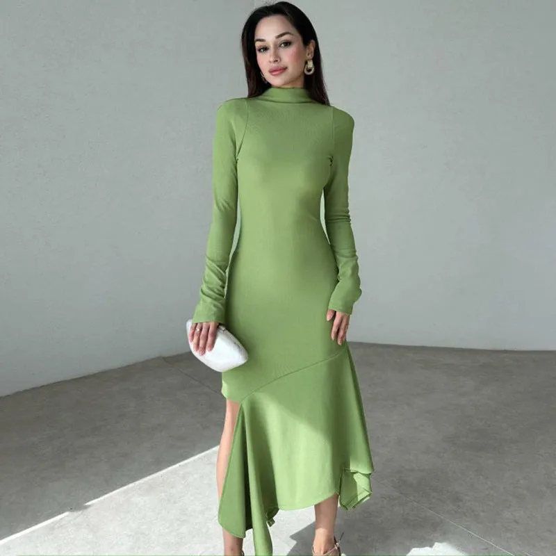 REALAIOT Sanhu Lianjiang G24DS279 2025 women's clothing autumn and winter fashion temperament slim split solid color long-sleeved long dress wholesale