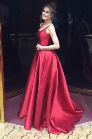 Red A-Line Long Prom Dress,Simple Satin Evening Dresses OK650