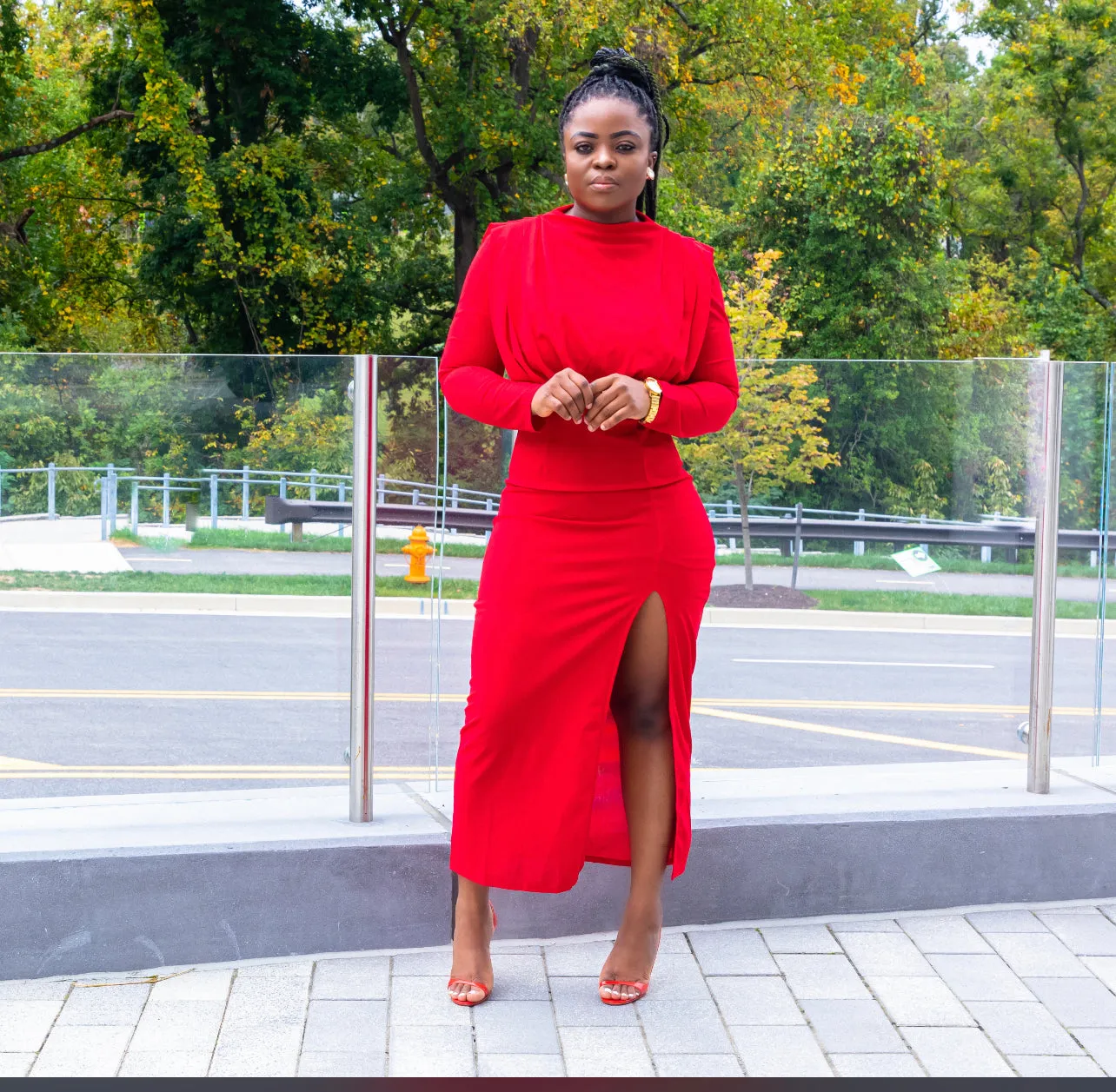 Red Detail Long Sleeve Midi Dress