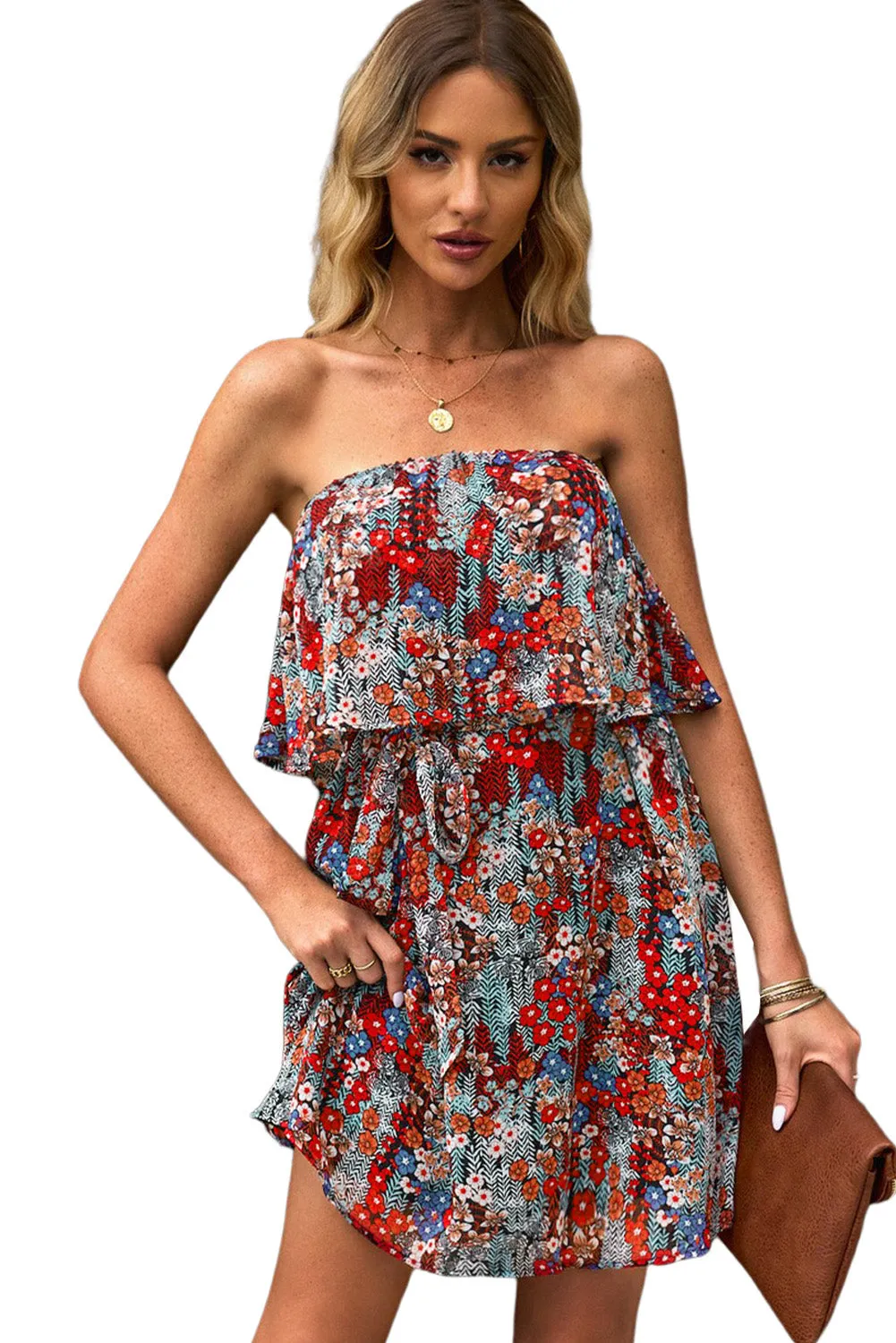 Red Floral Print Tiered Ruffled Bandeau Mini Dress