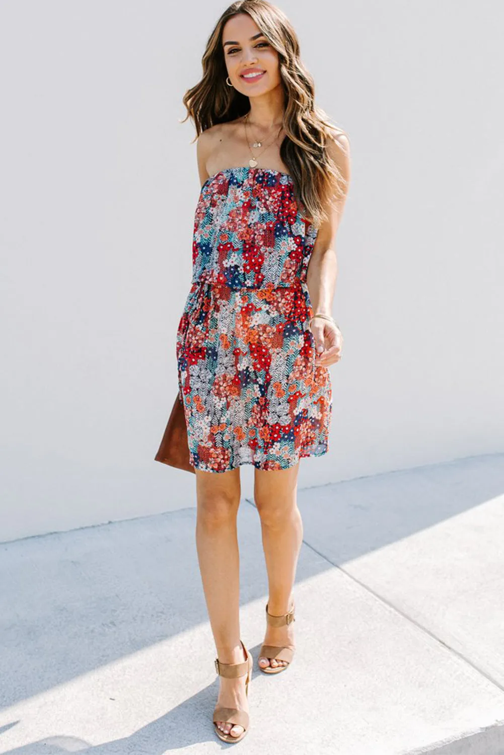 Red Floral Print Tiered Ruffled Bandeau Mini Dress