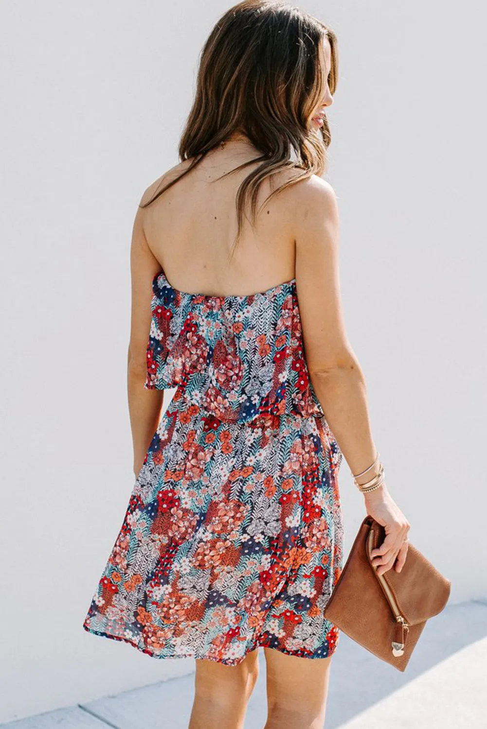 Red Floral Print Tiered Ruffled Bandeau Mini Dress