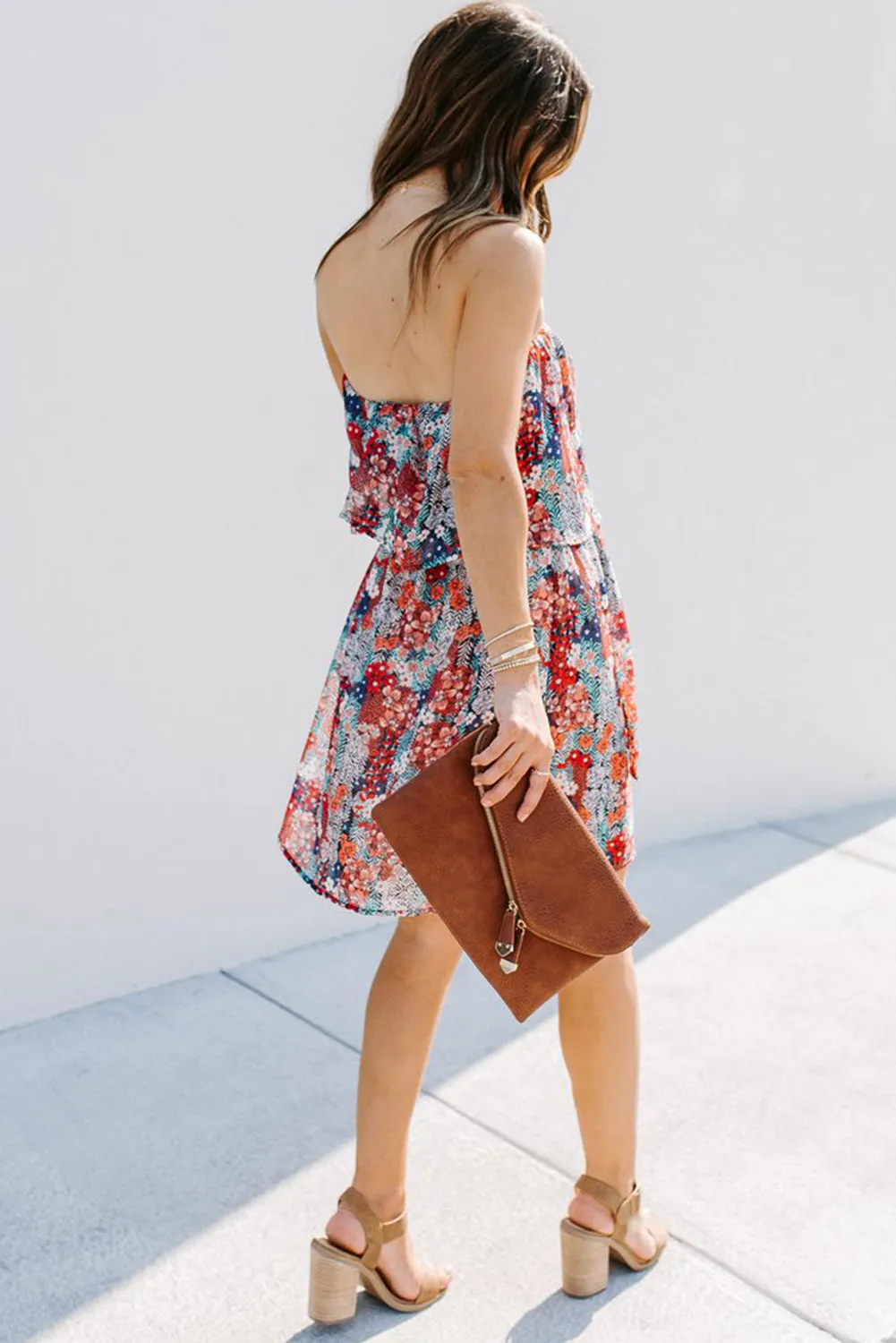 Red Floral Print Tiered Ruffled Bandeau Mini Dress