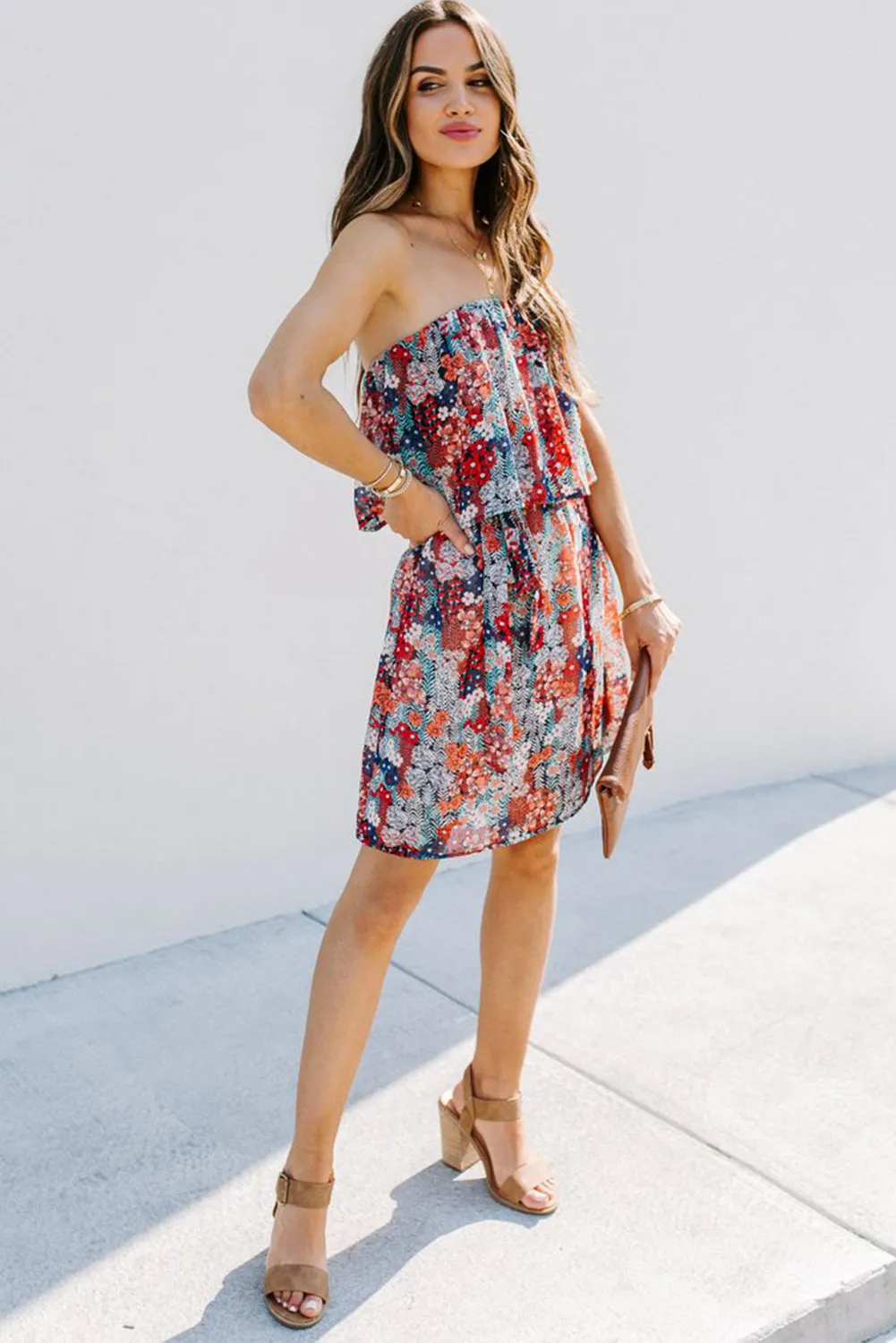 Red Floral Print Tiered Ruffled Bandeau Mini Dress