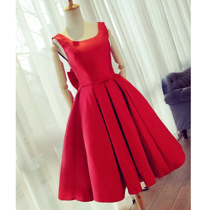 Red Satin Cute Party Dress with Bow, Satin Homecoming Dresses, Backless Formal Dresses