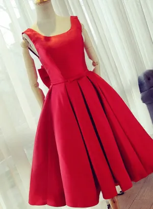 Red Satin Cute Party Dress with Bow, Satin Homecoming Dresses, Backless Formal Dresses