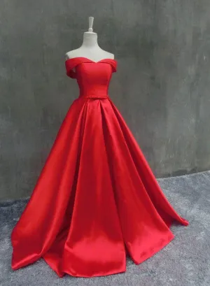 Red Satin Junior Prom Dresses, Off Shoulder Sweetheart Pretty Formal Dress, Prom Gown
