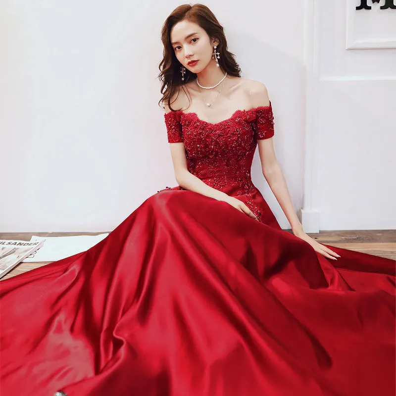 Red Satin Short Sleeves with Lace Applique A line Formal Dress, Red Evening Gown Party Dress