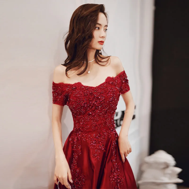Red Satin Short Sleeves with Lace Applique A line Formal Dress, Red Evening Gown Party Dress
