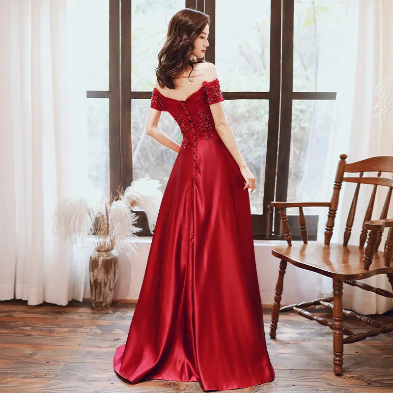 Red Satin Short Sleeves with Lace Applique A line Formal Dress, Red Evening Gown Party Dress