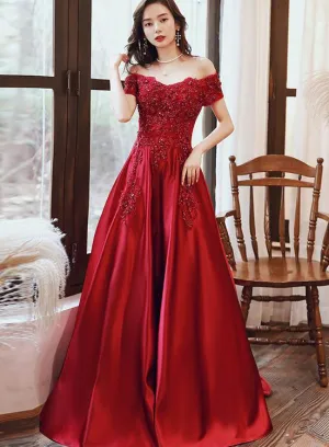 Red Satin Short Sleeves with Lace Applique A line Formal Dress, Red Evening Gown Party Dress