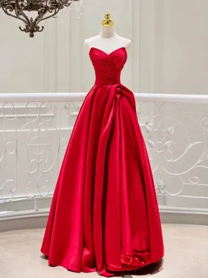 Red Satin Strapless V-neckline Long Evening Dress, Red Satin Prom Dress