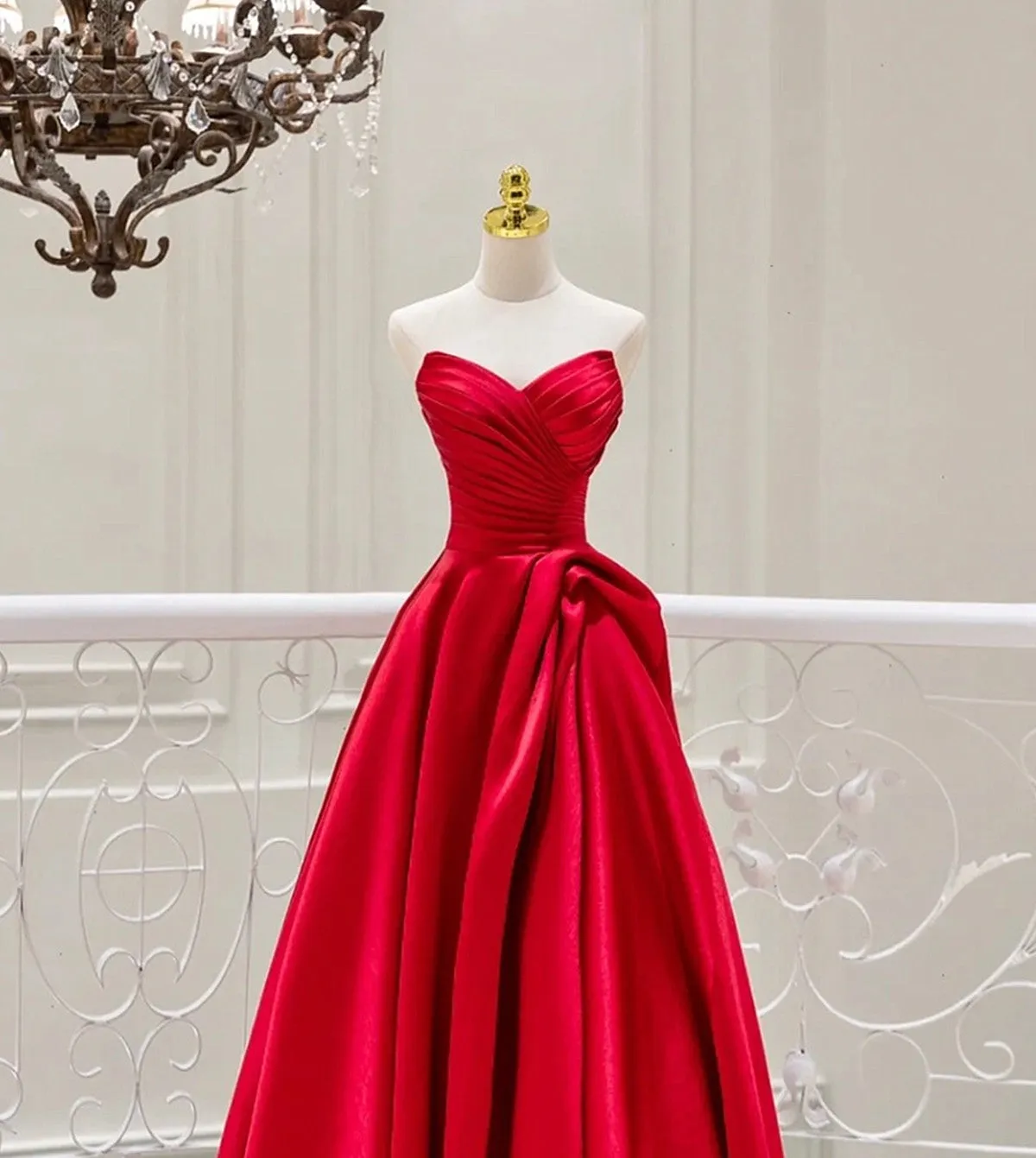 Red Satin Strapless V-neckline Long Evening Dress, Red Satin Prom Dress