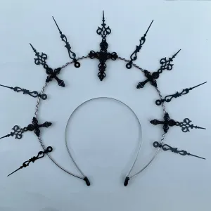 Retro Gothic Halo Crown, Virgin Mary Aura Headwear, Handmade Hair Stitch, Dark Cross, Fancy Headband
