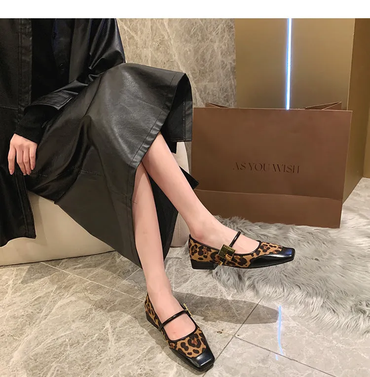 Retro Leopard Print Shallow Mouth Mary Jane Shoes Thick Heel Square Toe Women's Shoes
