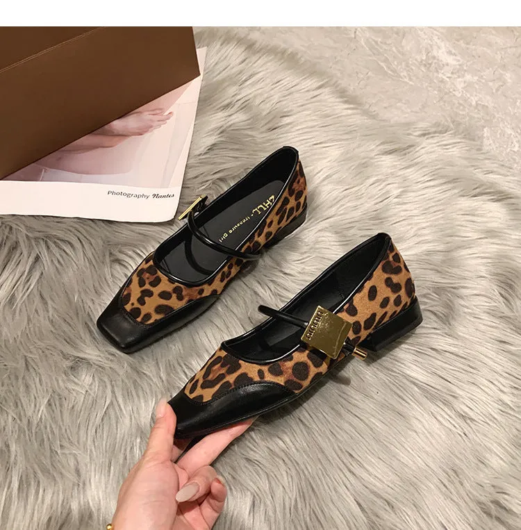 Retro Leopard Print Shallow Mouth Mary Jane Shoes Thick Heel Square Toe Women's Shoes