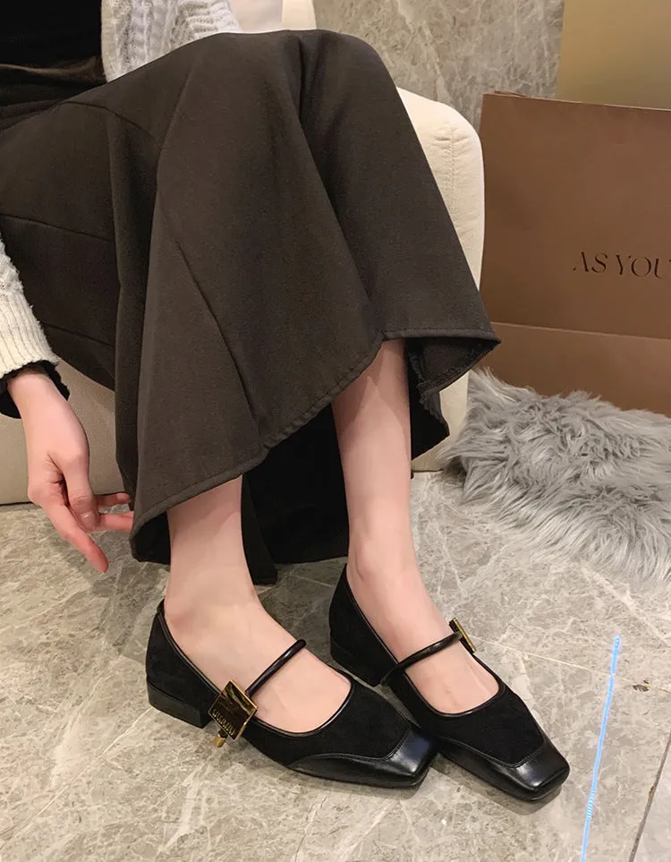 Retro Leopard Print Shallow Mouth Mary Jane Shoes Thick Heel Square Toe Women's Shoes