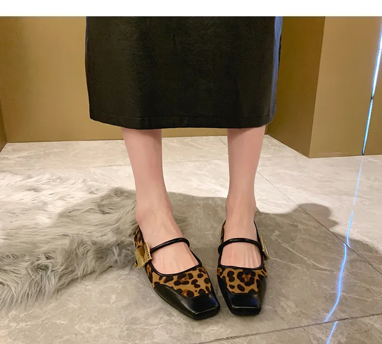 Retro Leopard Print Shallow Mouth Mary Jane Shoes Thick Heel Square Toe Women's Shoes