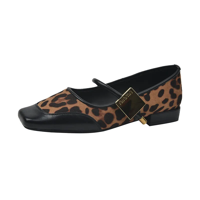 Retro Leopard Print Shallow Mouth Mary Jane Shoes Thick Heel Square Toe Women's Shoes