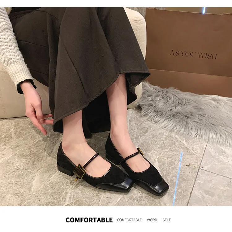 Retro Leopard Print Shallow Mouth Mary Jane Shoes Thick Heel Square Toe Women's Shoes