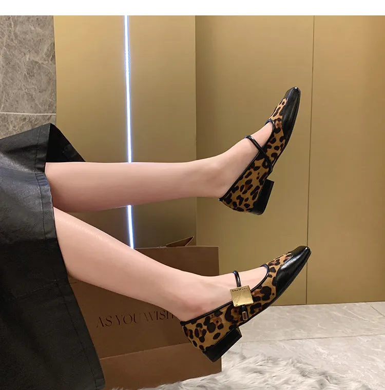 Retro Leopard Print Shallow Mouth Mary Jane Shoes Thick Heel Square Toe Women's Shoes