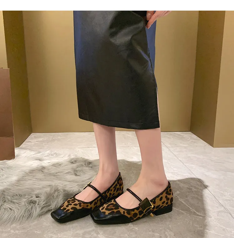 Retro Leopard Print Shallow Mouth Mary Jane Shoes Thick Heel Square Toe Women's Shoes