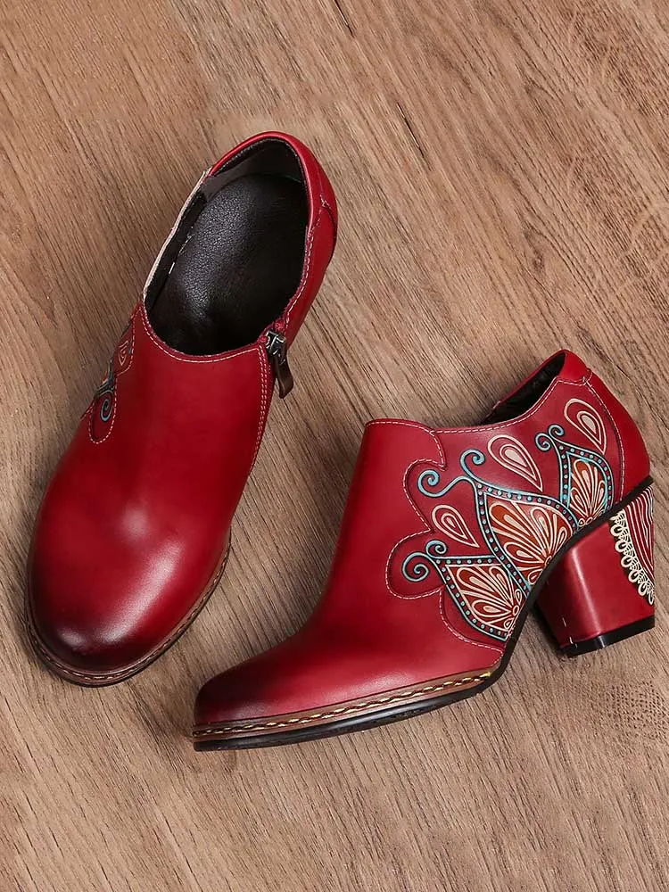Retro Pattern Leather Zipper Pumps
