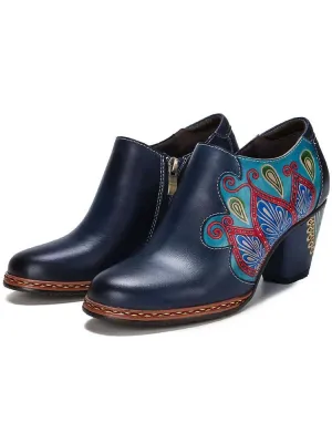 Retro Pattern Leather Zipper Pumps