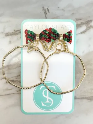 Rhinestone Bow Hoops- Red/Green