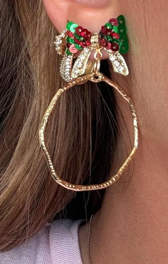 Rhinestone Bow Hoops- Red/Green