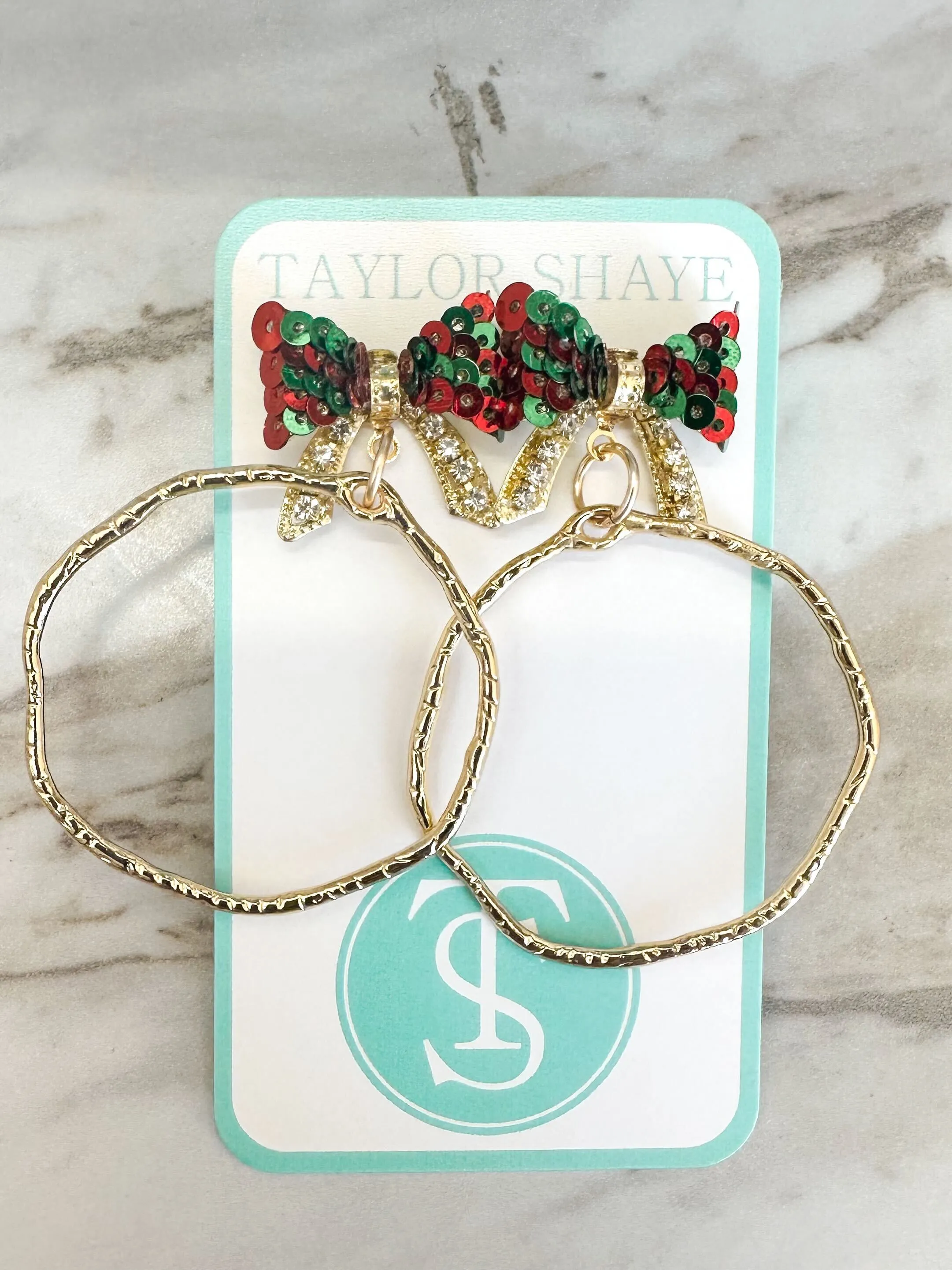 Rhinestone Bow Hoops- Red/Green