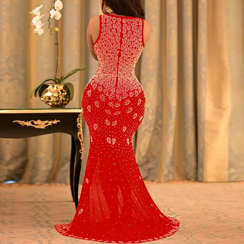 Rhinestone Deep V-Neck High Slit Maxi Party Dress