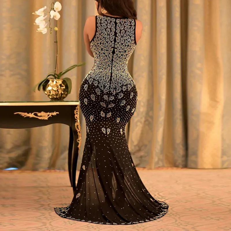 Rhinestone Deep V-Neck High Slit Maxi Party Dress