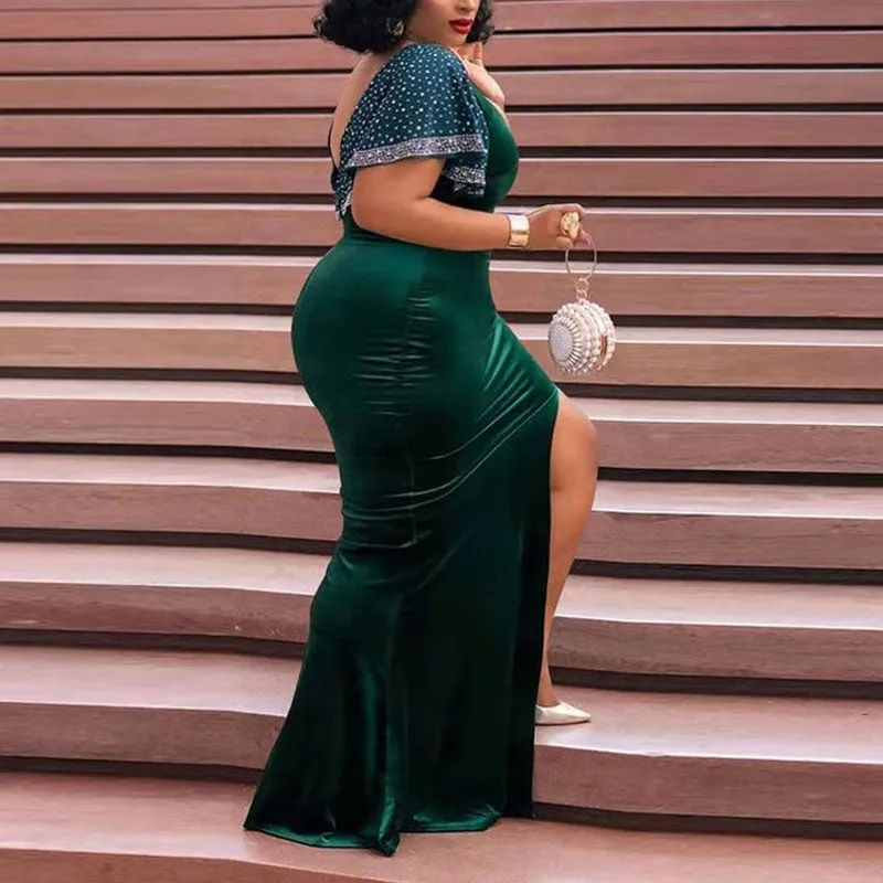Rhinestone Deep V-Neck Sleeveless High Slit Floor-Length Evening Dress