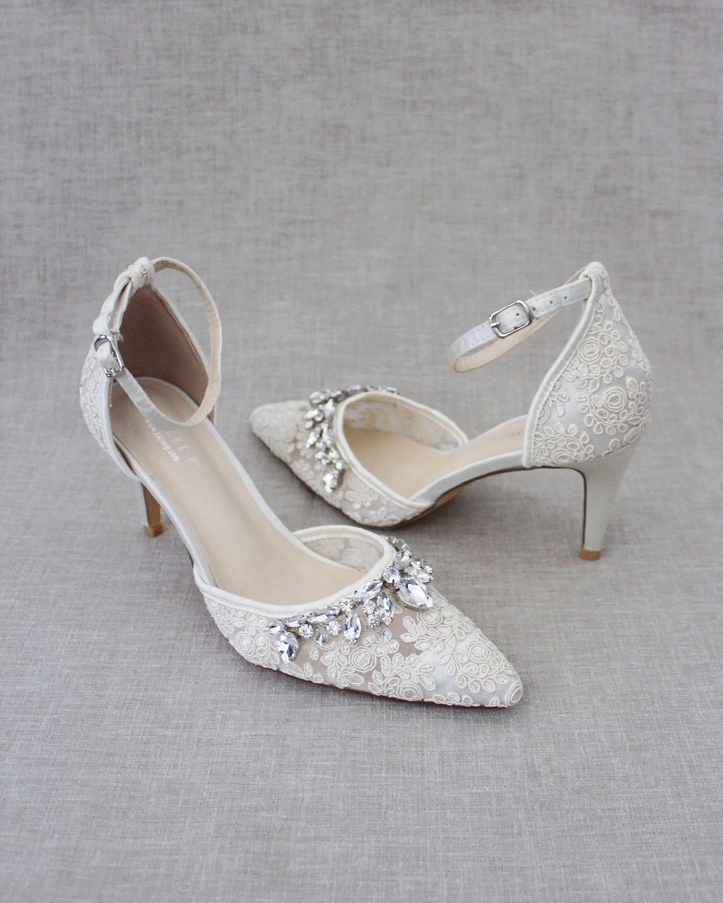 Rhinestone Embellished Lace Heels