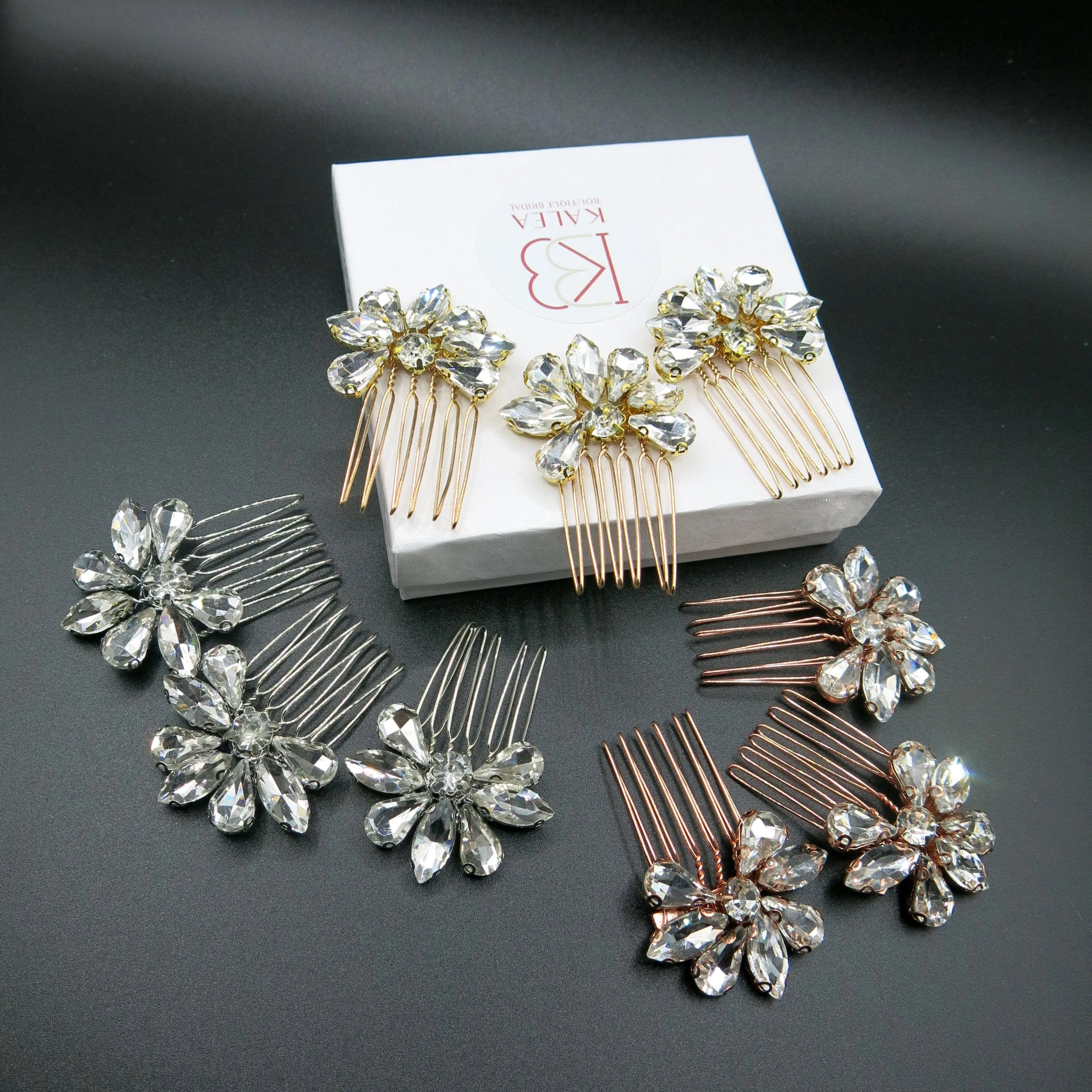 Rhinestone Flower 3 PC Mini Hair Comb Set, Bridal Gem Small Hairpin Headpiece, Minimalist Wedding Hair Comb 3 PC Set