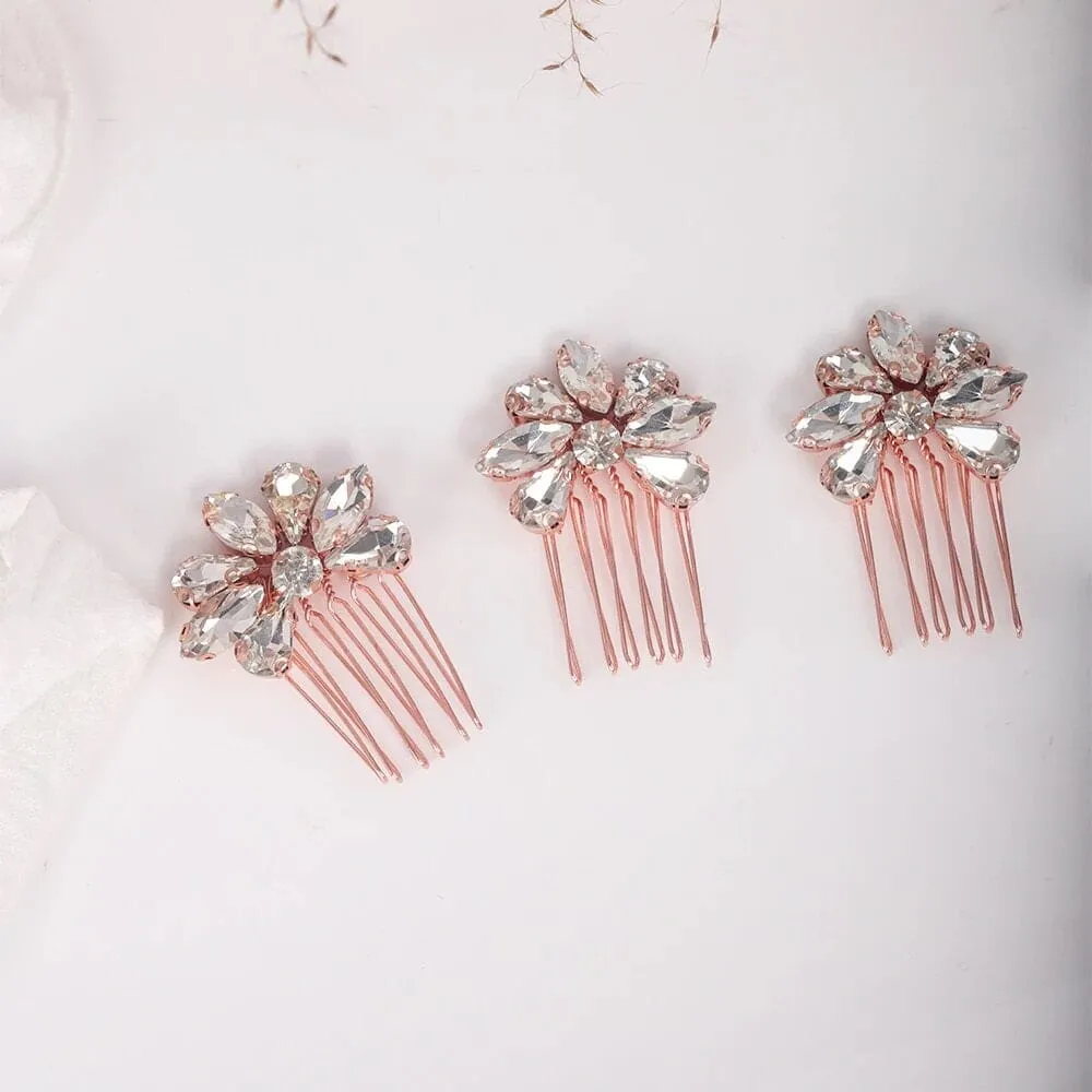 Rhinestone Flower 3 PC Mini Hair Comb Set, Bridal Gem Small Hairpin Headpiece, Minimalist Wedding Hair Comb 3 PC Set
