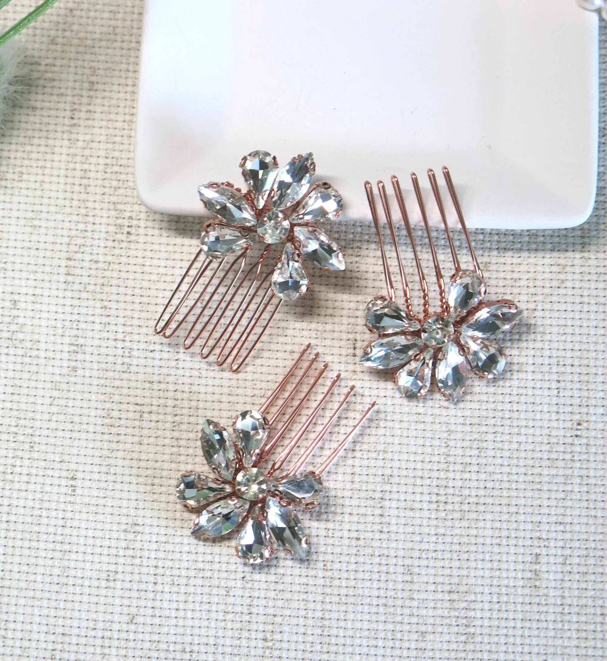 Rhinestone Flower 3 PC Mini Hair Comb Set, Bridal Gem Small Hairpin Headpiece, Minimalist Wedding Hair Comb 3 PC Set