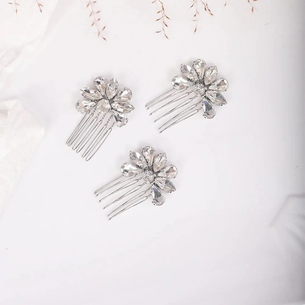 Rhinestone Flower 3 PC Mini Hair Comb Set, Bridal Gem Small Hairpin Headpiece, Minimalist Wedding Hair Comb 3 PC Set