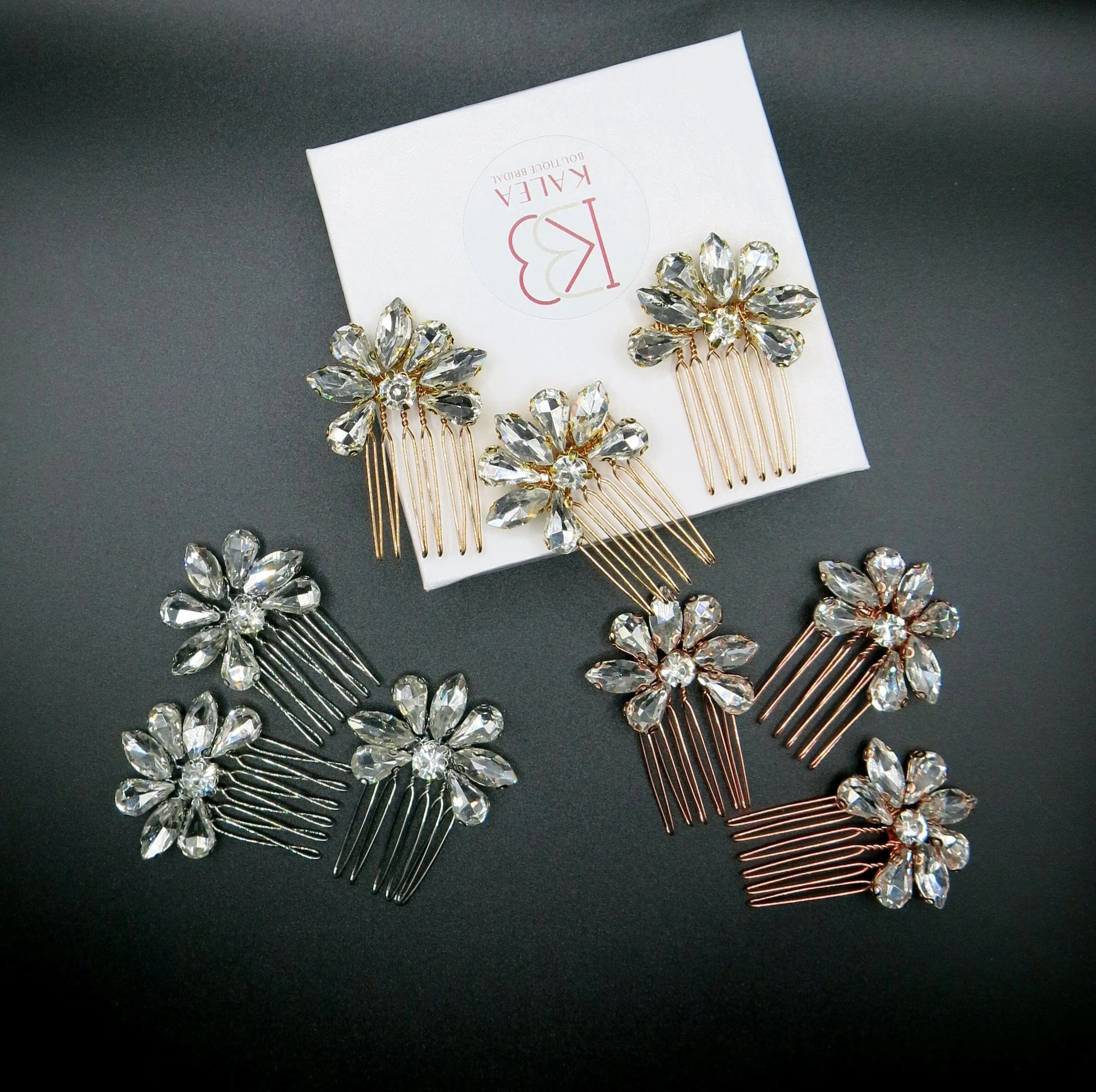 Rhinestone Flower 3 PC Mini Hair Comb Set, Bridal Gem Small Hairpin Headpiece, Minimalist Wedding Hair Comb 3 PC Set