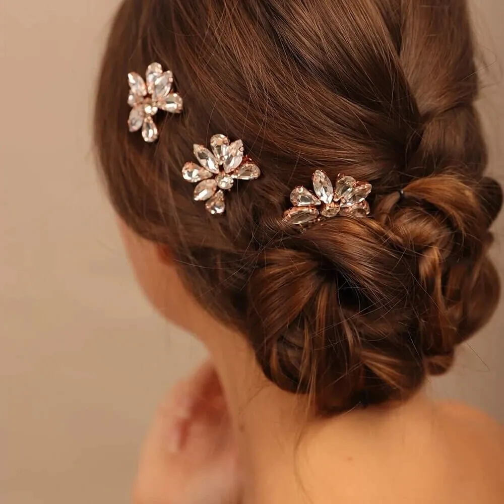 Rhinestone Flower 3 PC Mini Hair Comb Set, Bridal Gem Small Hairpin Headpiece, Minimalist Wedding Hair Comb 3 PC Set