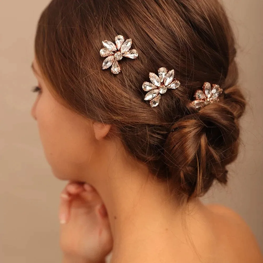 Rhinestone Flower 3 PC Mini Hair Comb Set, Bridal Gem Small Hairpin Headpiece, Minimalist Wedding Hair Comb 3 PC Set