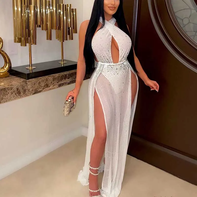 Rhinestone Halter Sheer Mesh High Slit Maxi Dress